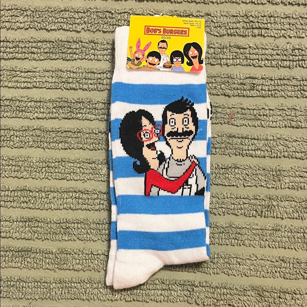 Blue & White Striped Bob's Burgers Crew Socks with Character Graphic